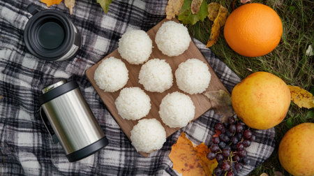 Enjoy a serene autumn picnic featuring delicious rice balls surrounded by fresh fruits, a thermos, and vibrant leaves on a cozy blanket.の素材