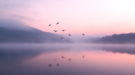 A breathtaking morning scene showcases a calm lake enveloped in mist, with birds gracefully flying above. The soft hues of pink and purple create a tranquil atmosphere perfect for nature lovers.の素材