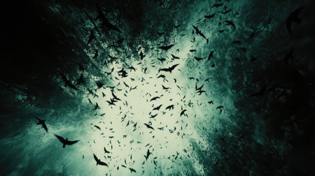 A stunning visual capturing a flock of birds in flight against a dark and abstract background. The scene evokes feelings of freedom, movement, and tranquility. Perfect for creative projects and artistic endeavors.の素材