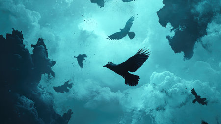 This atmospheric image captures dark birds soaring through a mystical sky filled with dramatic clouds, evoking feelings of tranquility and freedom.の素材