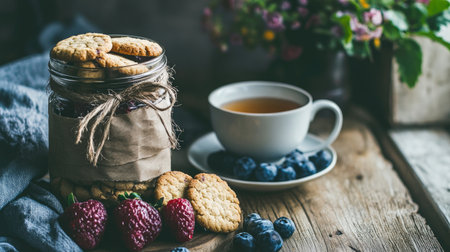 A delightful scene featuring a jar of freshly baked cookies surrounded by fresh strawberries and blueberries, complemented by a warm cup of tea. Perfect for a cozy afternoon.の素材