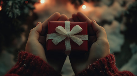 A close-up image shows hands gently holding a small red gift box adorned with a white ribbon, set against a festive backdrop of twinkling Christmas lights and soft snow.の素材