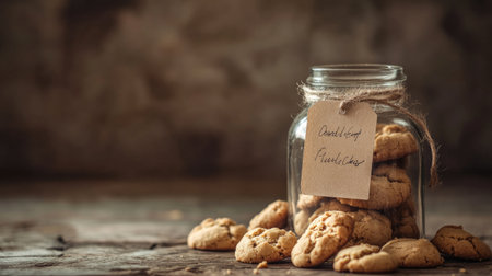 This captivating image features a glass jar filled with homemade cookies resting on a wooden surface, exuding warm, inviting charm and delight.の素材