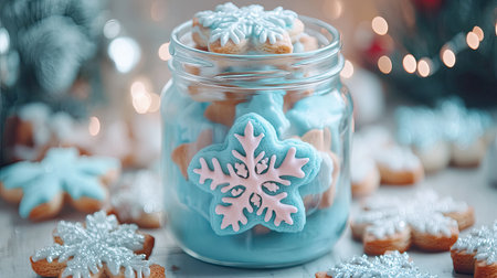 A charming arrangement of colorful snowflake cookies in a glass jar creates a festive atmosphere, ideal for winter celebrations and joyful gatherings.の素材
