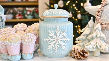 A charming winter scene featuring a decorative snowflake jar surrounded by delightful holiday treats, creating a festive atmosphere for celebrations.の素材