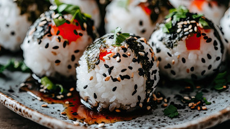 Enjoy a close-up view of beautifully crafted sushi balls featuring rice, fresh vegetables, and aromatic herbs. Perfect for culinary enthusiasts.の素材