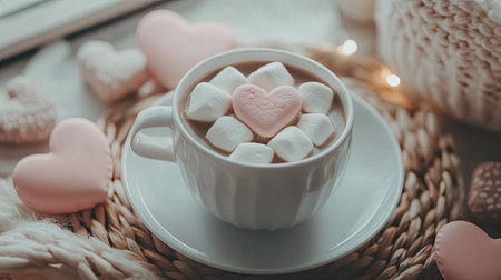 A warm and inviting cup of hot chocolate topped with heart-shaped marshmallows, surrounded by sweet treats on a rustic tabletop for a cozy vibe.の素材