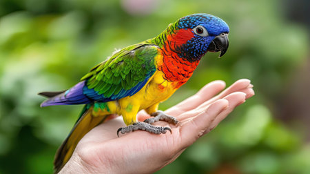A vivid and colorful parrot perches on a human hand, illustrating a unique connection between humans and nature. The lush green background enhances the bird's vibrant plumage.の素材