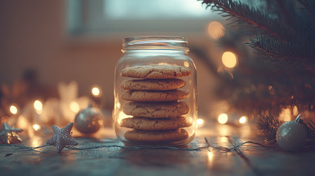 A charming glass jar filled with freshly baked cookies, elegantly placed on a wooden table surrounded by twinkling holiday lights and decorations.の素材