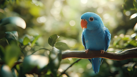 This stunning image captures a vibrant blue parrot perched on a branch amidst lush greenery, showcasing the beauty of wildlife in a serene forest environment.の素材