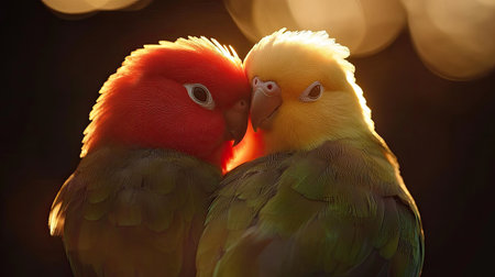 Two colorful parrots share a tender moment as they nuzzle together in warm golden light. Featuring vibrant feathers, this captivating scene captures the essence of affection and harmony in nature.の素材