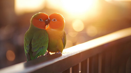 Two vibrant birds share an intimate moment on a balcony during sunset, showcasing deep affection and playful connection amidst a soft, blurred background.の素材