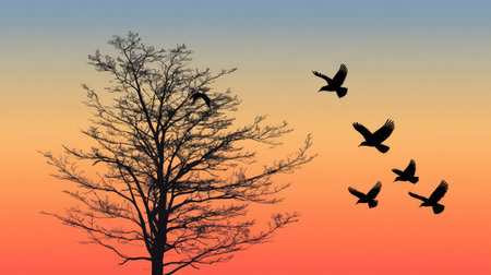 A stunning silhouette of birds soaring through a vibrant sunset sky, accompanied by a leafless tree. This scene evokes a sense of freedom and tranquility.の素材