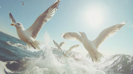 A captivating scene featuring seagulls flying over ocean waves, with the sun shining brightly in the background, evoking a sense of peace and freedom.の素材