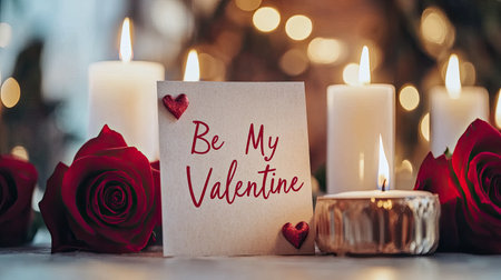 A beautiful Valentine's Day scene featuring a heartfelt message on a card, surrounded by red roses and glowing candles, perfect for expressing love.の素材