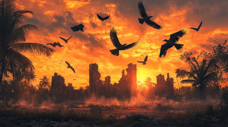 A breathtaking sunset casts vibrant golden and orange hues over a landscape of abandoned structures. Birds soar gracefully in flight, silhouetted against the dramatic sky, invoking a sense of freedom and exploration amidst the tranquil beauty of natureの素材