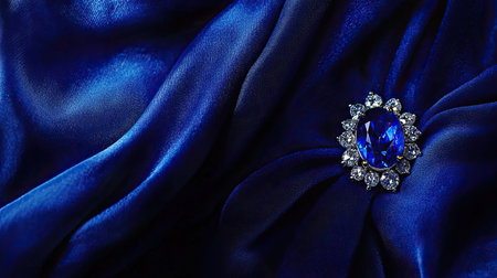 This image showcases a stunning sapphire brooch elegantly placed on luxurious deep blue satin fabric, highlighting the intricate details and vibrant color contrast.の素材