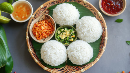 A delightful arrangement of fluffy white rice presented in a woven basket, enhanced with various condiments and fresh herbs, perfect for any meal.の素材