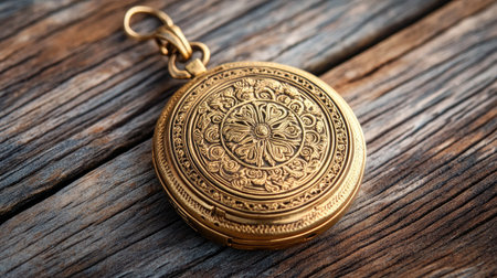 This exquisite antique gold pocket watch showcases intricate floral designs, resting elegantly on a rustic wooden surface, highlighting its historical charm.の素材