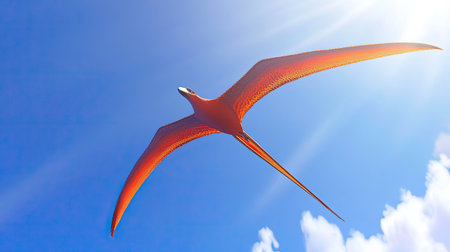 A stunning red bird soars gracefully against a clear blue sky illuminated by bright sunlight and adorned with fluffy white clouds, showcasing nature's beauty.の素材