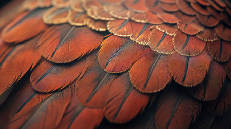 This stunning close-up image showcases the vibrant texture and intricate patterns of brown and red feathers, revealing the beauty of nature's artistry.の素材