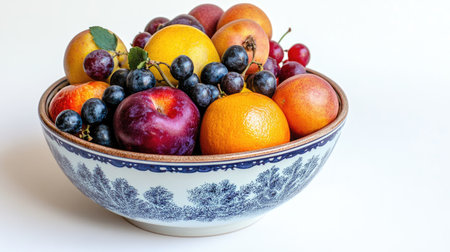 A vibrant assortment of fresh fruits including apples, oranges, grapes, and plums beautifully arranged in a decorative bowl against a white background.の素材