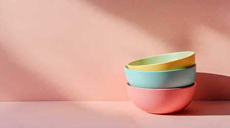 This image showcases three beautifully nested bowls in pastel shades, set against a soft pink background. Perfect for modern kitchen aesthetics and decor.の素材