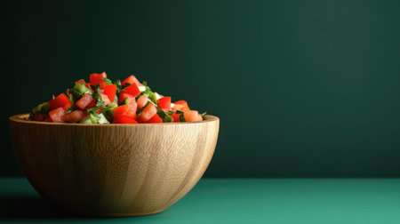 A colorful and fresh salad featuring diced tomatoes and greens displayed in a wooden bowl. Perfect for health-conscious meals and culinary presentations.の素材