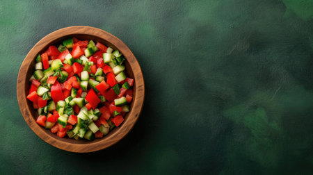 A vibrant vegetable salad featuring diced tomatoes and cucumbers in a rustic wooden bowl. Perfect for healthy meals and summer dining. Ideal for recipes.の素材
