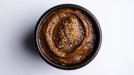 This image showcases a smooth and creamy chocolate nut spread in a black bowl, decorated with tasty toppings. Ideal for food enthusiasts and recipe creators.の素材