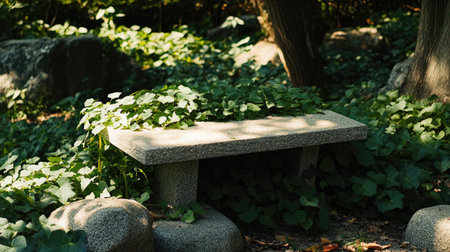 This tranquil garden setting features a stone bench surrounded by lush greenery, creating a serene atmosphere perfect for relaxation and contemplation.の素材