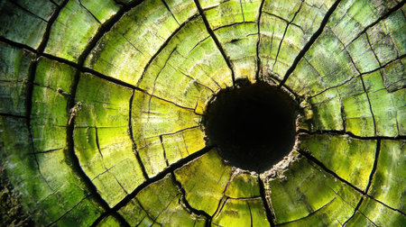 This captivating close-up showcases the intricate textures and vibrant green hues of tree rings, highlighting natural beauty and the passage of time.の素材