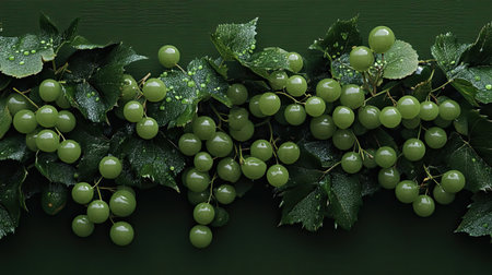 A stunning image of fresh green grapes adorned with dew drops, highlighting their natural beauty against lush green foliage, perfect for food-related themes.の素材