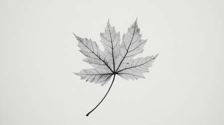 This image features a delicate skeleton leaf showcasing intricate veins and details against a soft gray background, perfect for artistic and nature themes.の素材
