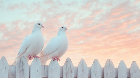 Two elegant white doves sit peacefully on a wooden fence, framed by a stunning sunset sky filled with soft pink and blue clouds, evoking tranquility.の素材