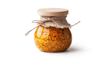 This image features a beautifully crafted glass jar filled with vibrant mustard sauce. The jar is elegantly decorated with natural twine, showcasing its rustic charm and inviting texture, perfect for culinary presentations.の素材