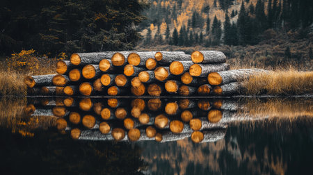 A stunning view of neatly stacked logs by a quiet water body, showcasing beautiful reflections and vibrant autumn foliage, perfect for nature lovers.の素材