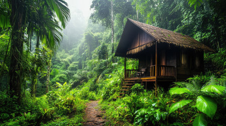 A serene wooden cabin nestled in a vibrant green rainforest, enveloped by mist and lush vegetation. Ideal for nature lovers seeking tranquility.の素材