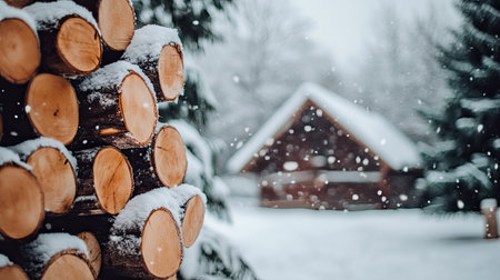 A cozy winter scene showcasing a woodpile covered in snow with a rustic cabin in the background, surrounded by evergreen trees and delicate snowflakes.の素材