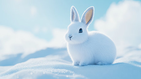 A cute white rabbit sits gracefully on a snowy landscape, showcasing its fluffy fur against a bright winter sky, creating a peaceful outdoor scene.の素材