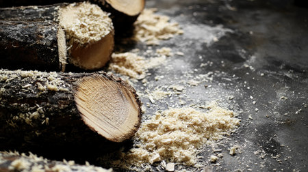 This image showcases cut logs laying on a dark surface, surrounded by fine sawdust, emphasizing the raw beauty of natural wood in a rustic atmosphere.の素材