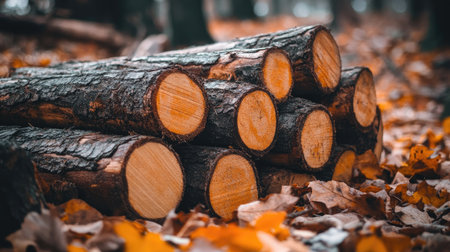 A serene scene featuring a stack of logs in an autumn forest, surrounded by colorful fallen leaves and filtered sunlight, embodying the beauty of nature.の素材