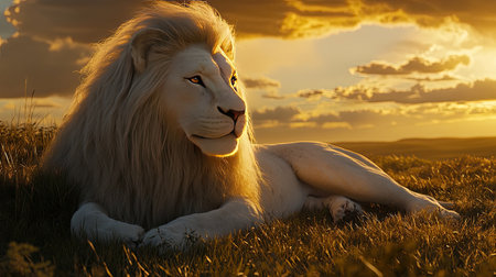 A serene white lion lies gracefully in the tall grass, basking in the golden light of a breathtaking sunset. The sky showcases stunning clouds and warm hues.の素材