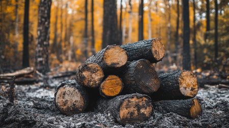 A serene view of stacked logs resting on a charred forest floor amidst vibrant autumn foliage, showcasing the beauty of natureの素材