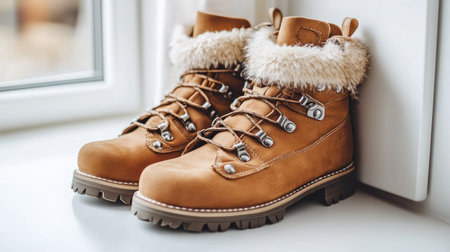 This image showcases a pair of stylish brown hiking boots with a cozy fur trim. Ideal for winter activities, these boots combine comfort and functionality for outdoor adventures.の素材