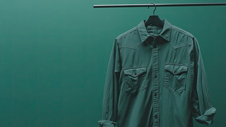 A dark green casual shirt is displayed neatly on a hanger against a solid green background. This minimalistic image highlights the garment's design and fabric texture, making it ideal for fashion presentations.の素材