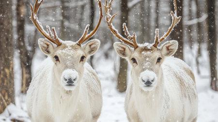 Two reindeer stand in a serene snowy landscape, showcasing their majestic antlers as snowflakes gently fall around them. A perfect winter scene.の素材