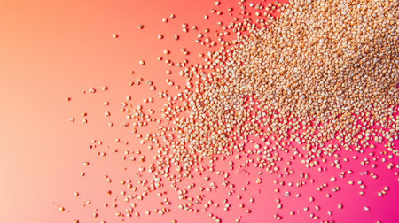 A captivating image of quinoa grains spilling across a colorful gradient background in shades of pink and orange, highlighting the organic texture and lightweight nature of this nutritious seed.の素材
