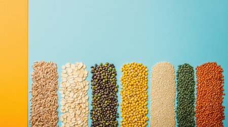 A visually appealing flat lay image showcasing an array of grains and seeds arranged by color on a vibrant background, perfect for promoting healthy eating and nutrition.の素材