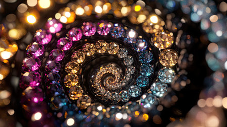 A stunning abstract image showcasing a colorful spiral of sparkling gems creates a mesmerizing visual experience. The vibrant colors and intricate arrangement evoke beauty and elegance.の素材
